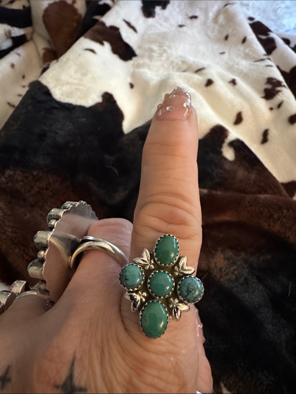 Sterling Silver Turquoise Cluster Ring - Green& blue  Turquoise